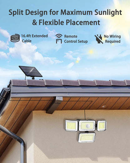 Solar Outdoor Lights Motion Sensor 3500LM 288 LED Security Light with Remote Control IP67 Waterproof 4 Heads Flood Lights with 16.4Ft Cable 4 Modes (1 Pack)