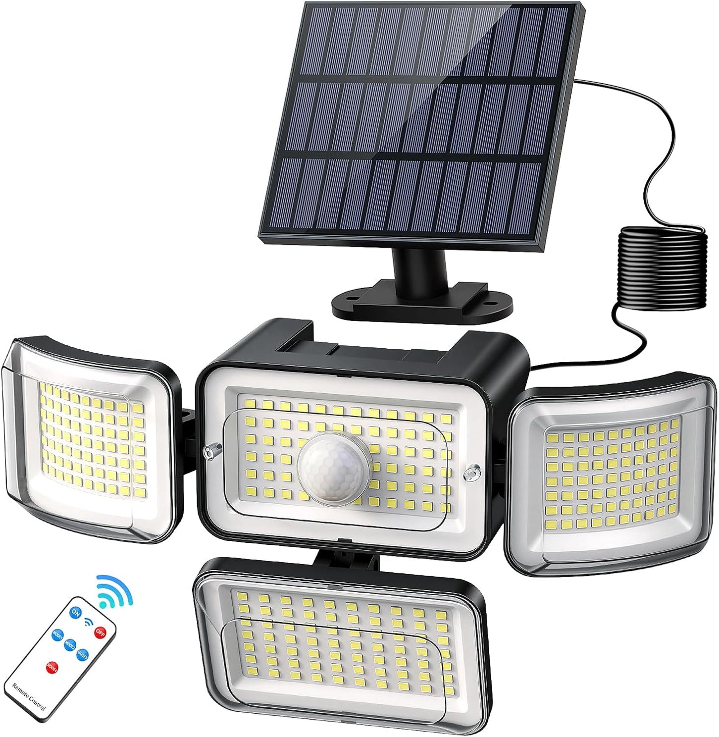 Solar Outdoor Lights Motion Sensor 3500LM 288 LED Security Light with Remote Control IP67 Waterproof 4 Heads Flood Lights with 16.4Ft Cable 4 Modes (1 Pack)