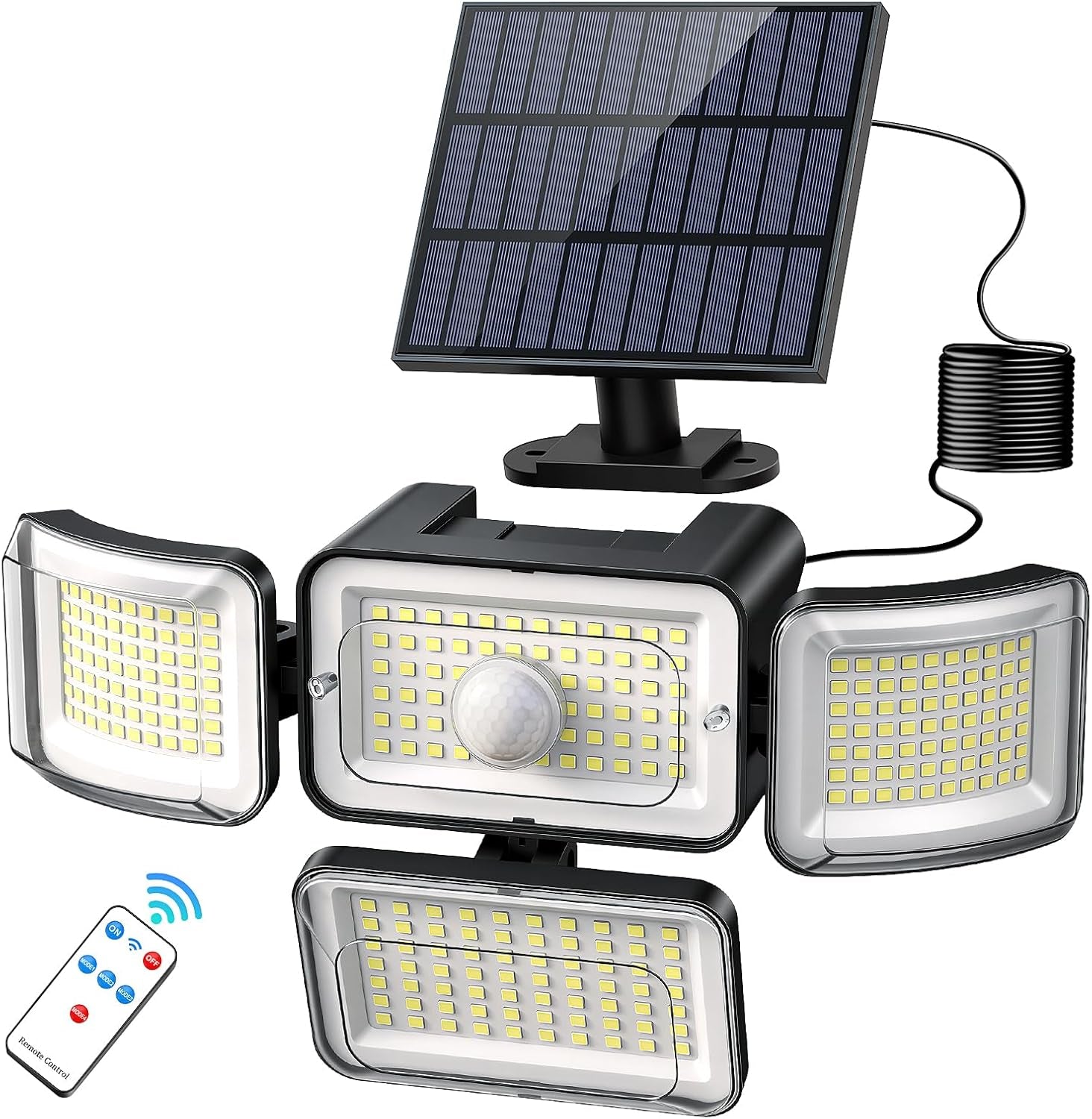 Solar Outdoor Lights Motion Sensor 3500LM 288 LED Security Light with Remote Control IP67 Waterproof 4 Heads Flood Lights with 16.4Ft Cable 4 Modes (1 Pack)