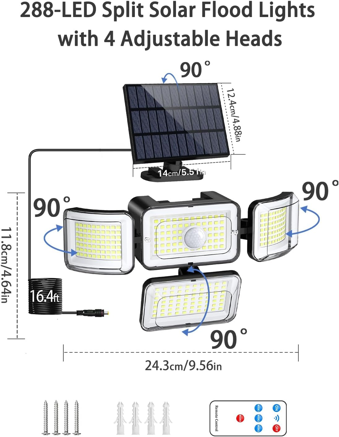 Solar Outdoor Lights Motion Sensor 3500LM 288 LED Security Light with Remote Control IP67 Waterproof 4 Heads Flood Lights with 16.4Ft Cable 4 Modes (1 Pack)